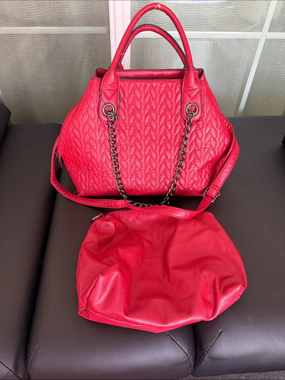 Quilted Red Women's Tote Handbag with Chain Detail